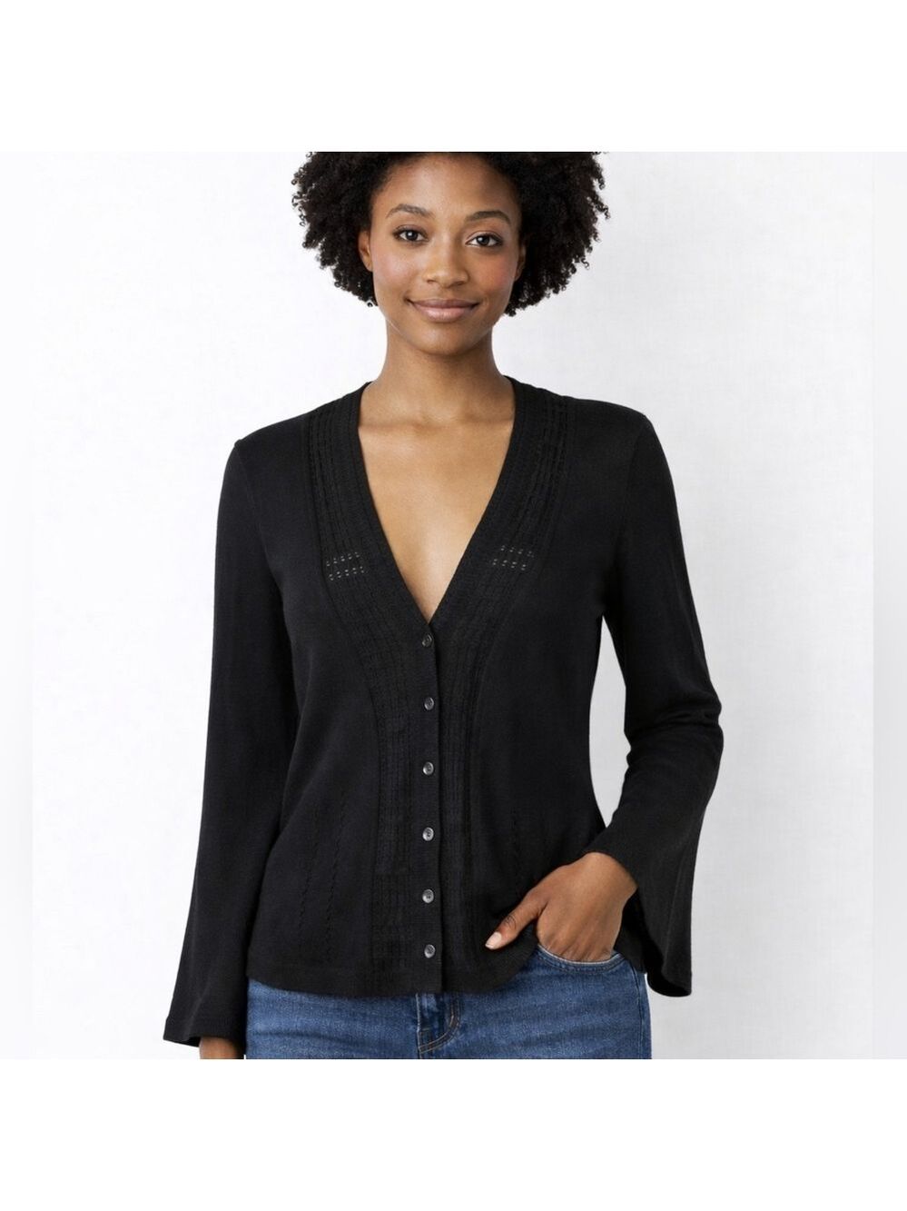 Talbots Petites Black Lightweight Bell Sleeve V-Neck Cardigan MP